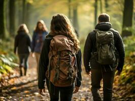 Young adults hiking in a serene autumn forest. High-resolution. AI Generative photo