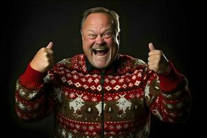 National Ugly Christmas Sweater Day happy man on red background. High-resolution. AI Generative photo