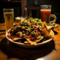 nachos en un cuenco cerca salsa en un oscuro antecedentes. alta resolución. ai generativo foto