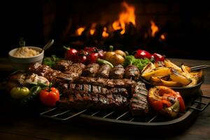 Side view of a grill with a variety of meats on it. High quality. AI Generative photo