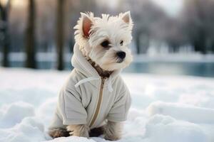 Ai generated cute little white dog in winter clothes standing on the snow in winter. A dwarf puppy walks in a snowy forest in cold weather. photo