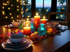 Colorful festive table with candles. High quality. AI Generative photo
