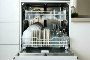 Front view of a open dishwasher with clean dishes inside. High-resolution. AI Generative photo