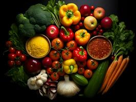 Top view fruits and vegetables bell peppers apples carrot coriander cauliflower persimmon radish cherry tomatoes. High-resolution. AI Generative photo