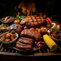 A grill with a variety of meats on it and a variety of vegetables. High quality. AI Generative photo