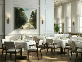 Bright white professional minimalist dining room rest. High-resolution. AI Generative photo