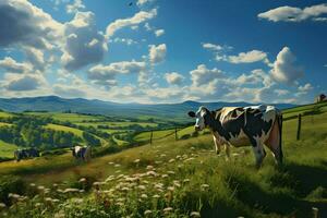 Cows grazing in the fields. High quality. AI Generative photo