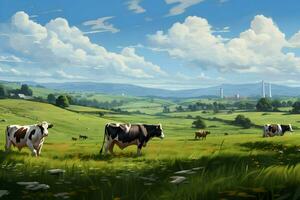 Cows grazing in the fields. High-resolution. AI Generative photo