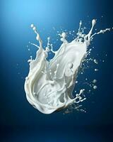 Splash of milk or cream isolated on a blue background. High-resolution. AI Generative photo