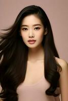 Young Asian beauty woman model with long hair with Korean makeup on a beige background. High quality. AI Generative photo