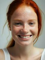 Close-up photo of a young smiling ginger woman. High quality. AI Generative