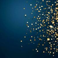 Blue flat background with gold confetti on the blue background. High quality. AI Generative photo