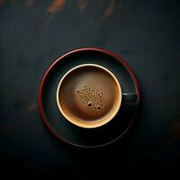 Top view of cup of coffee on dark background minimalism. High quality. AI Generative photo