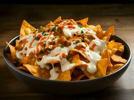 Nachos in bowl near sauce. High-resolution. AI Generative photo