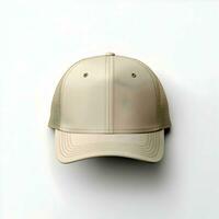 Frontal mockup of a sand-colored trucker cap. High quality. AI Generative photo