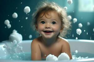 Cute baby in the bathtub a cinematic shot one-color background. High quality. AI Generative photo