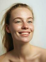 Close-up photo of a young smiling woman. High quality. AI Generative