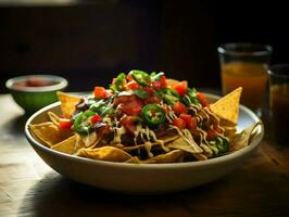 Nachos in bowl near sauce. High-resolution. AI Generative photo