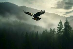 Photo of an eagle over the forest in mist. High quality. AI Generative