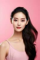 A young Asian beauty woman pulled back her hair on the pink background. High quality. AI Generative photo