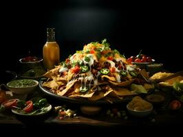 nachos en oscuro antecedentes. alto calidad. ai generativo foto