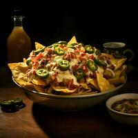 Nachos in a bowl near sauce on a dark background. High quality. AI Generative photo