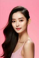 A young Asian beauty woman pulled back her hair on the pink background. High-resolution. AI Generative photo