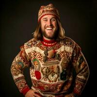 National Ugly Christmas Sweater Day happy man. High quality. AI Generative photo