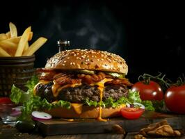 A la parrilla carne de vaca hamburguesa con papas fritas queso y tomate. alto calidad. ai generativo foto