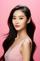 A young Asian beauty woman pulled back her hair on the pink background. High quality. AI Generative photo