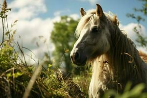 Close-up photo of a white horse. High-resolution. AI Generative