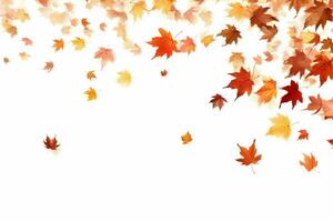 Hundreds of autumn leaves fall and fly on a white background. High-resolution. AI Generative photo