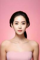 A young Asian beauty woman pulled back her hair on the pink background. High-resolution. AI Generative photo