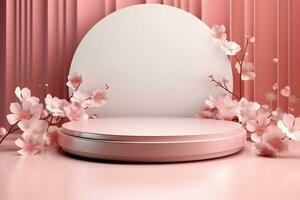 Podium pedestal showcase for cosmetic products present with sakura. High quality. AI Generative photo