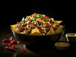 Nachos with sides in a dark bowl. High quality. AI Generative photo