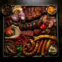 Top view of a grill with a variety of meats on it. High-resolution. AI Generative photo