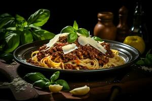 Fresh pasta with hearty bolognese and parmesan cheese. High-resolution. AI Generative photo