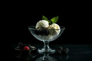 hielo crema en un vaso cuenco en el mesa minimalismo en un oscuro antecedentes. alto calidad. ai generativo foto