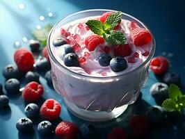 Yogurt with ice in a glass bowl with berries. High quality. AI Generative photo