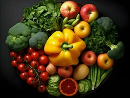 Top view fruits and vegetables bell peppers apples carrot coriander cauliflower persimmon radish cherry tomatoes. High-resolution. AI Generative photo