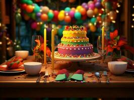 Festive table with cake and candles colorful. High-resolution. AI Generative photo