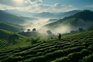 Close-up cinematic shot of farmers harvesting terraced fields. High quality. AI Generative photo