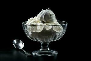 Ice cream in a glass bowl on the table minimalism on the dark background. High-resolution. AI Generative photo