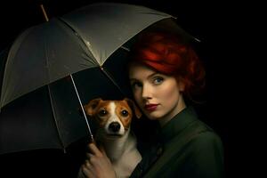 Pelirrojo mujer y perro Jack Russell terrier debajo un sombrilla. alta resolución. ai generativo foto