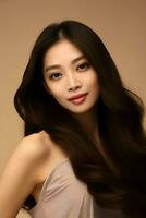 Young Asian beauty woman model with long hair with Korean makeup on a beige background. High quality. AI Generative photo
