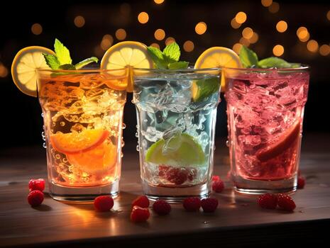Glasses with juice and ice on a sparkly background. High quality. AI Generative photo