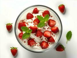 Isolated view of yogurt with ice in a glass with strawberries. High quality. AI Generative photo