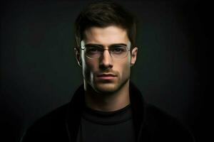 Photo of man at the dark background in specs minimalism. High-resolution. AI Generative