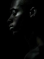 Depressed dark skin man close-up view minimalism. High-resolution. AI Generative photo