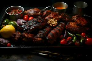 A grill with a variety of meats on it with souses. High-resolution. AI Generative photo
